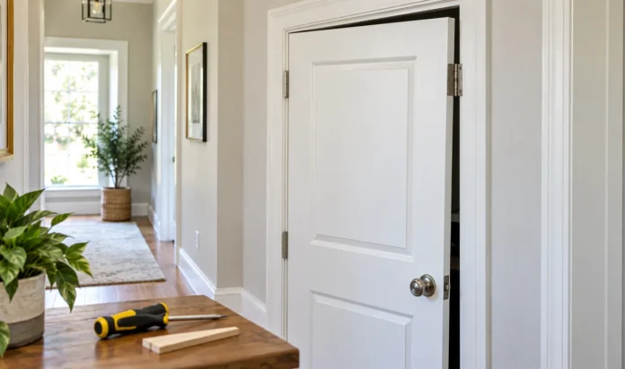 How to Fix a Misaligned Door Featured Image Misaligned interior door with hinge repair tools ready for adjustment