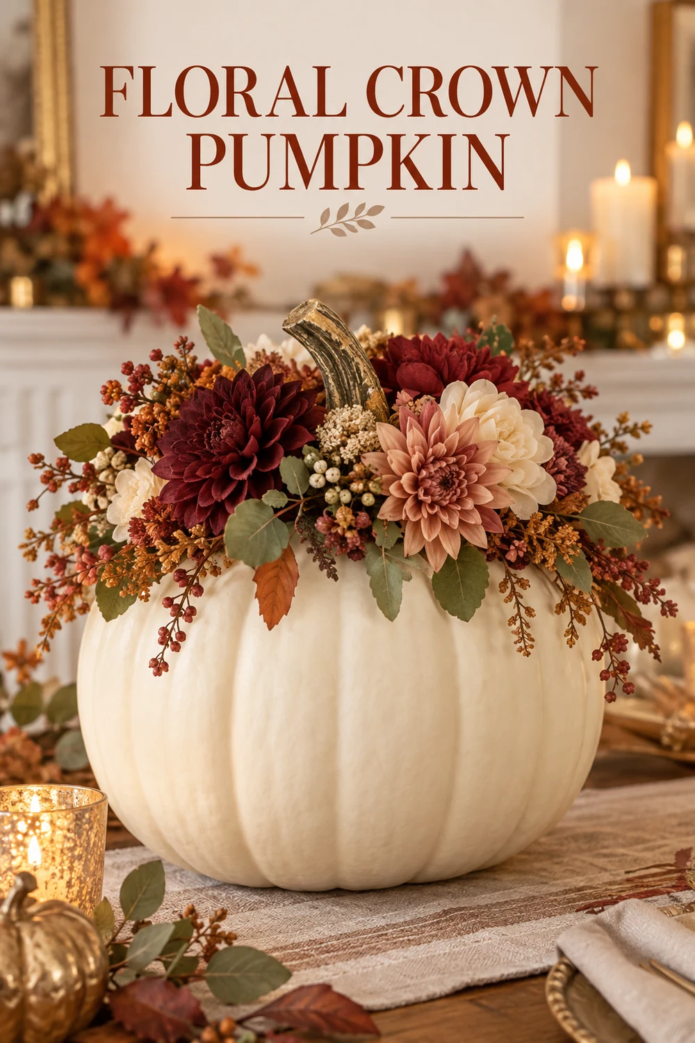 15 Halloween Pumpkin Decorating Ideas Without Carving 5 White pumpkin decorated with a crown of burgundy, rust and cream autumn flowers