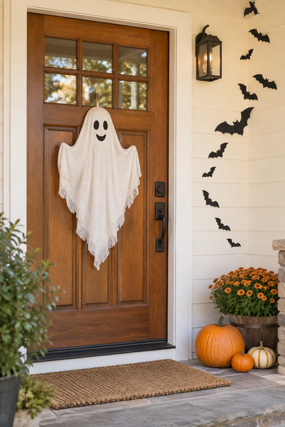 Friendly ghost front door with a trail of black paper bats