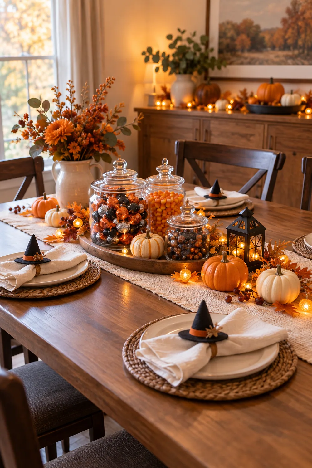 Halloween candy jars, mini pumpkins and witch hat place cards on a dining table