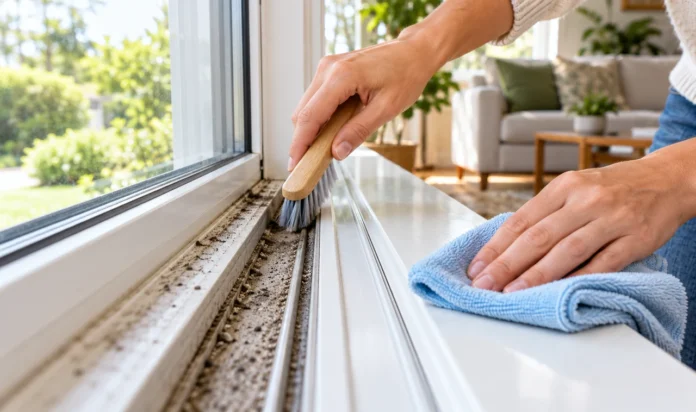 How to Clean a Window Track Featured Image Hands cleaning a dirty window track with a brush and microfiber cloth