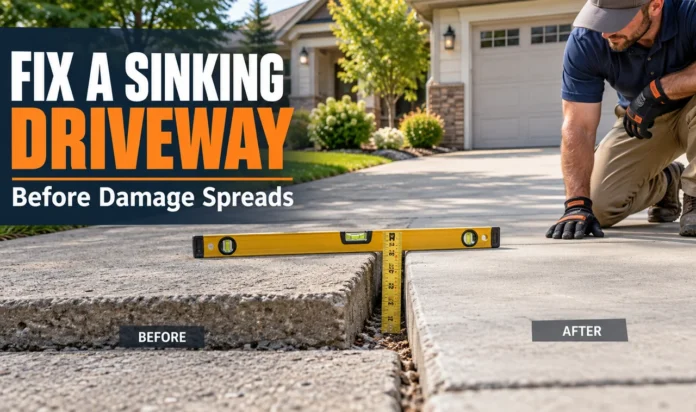 How to Fix a Sinking Driveway Sunken concrete driveway slab being measured before professional repair