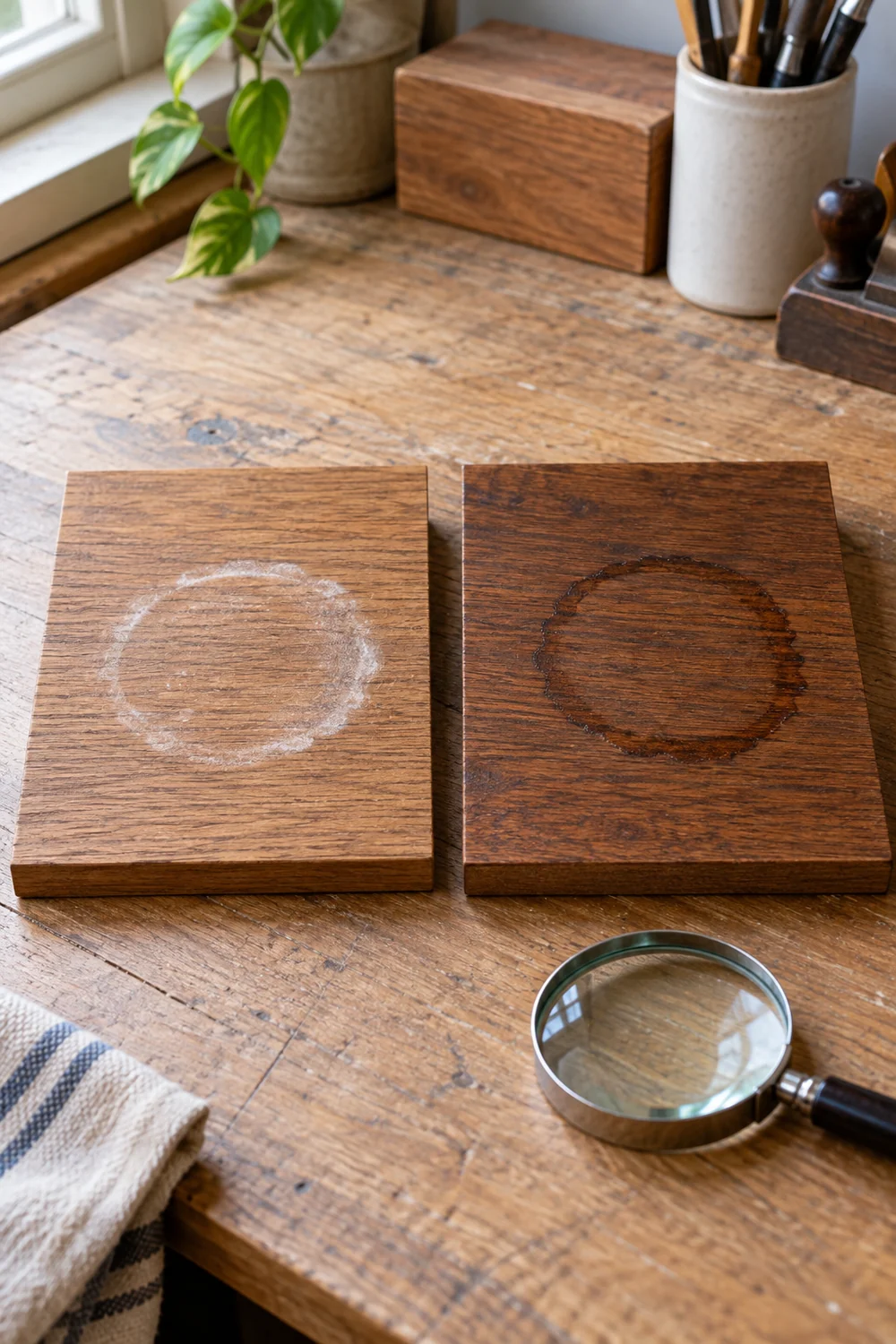 White surface watermark and dark water stain shown on separate wood samples