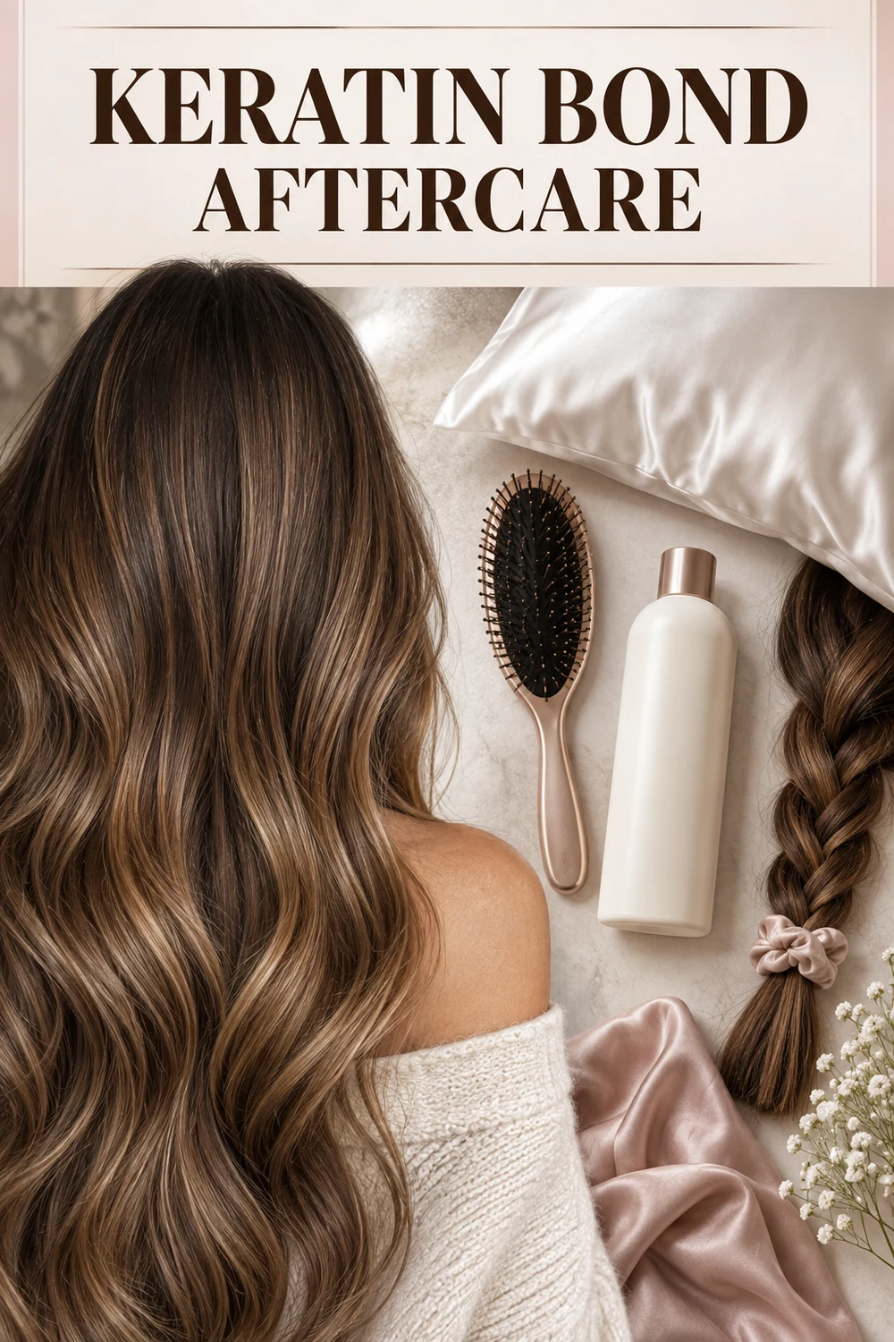 Keratin bond aftercare essentials including a gentle brush, silk pillowcase and loose bedtime braid