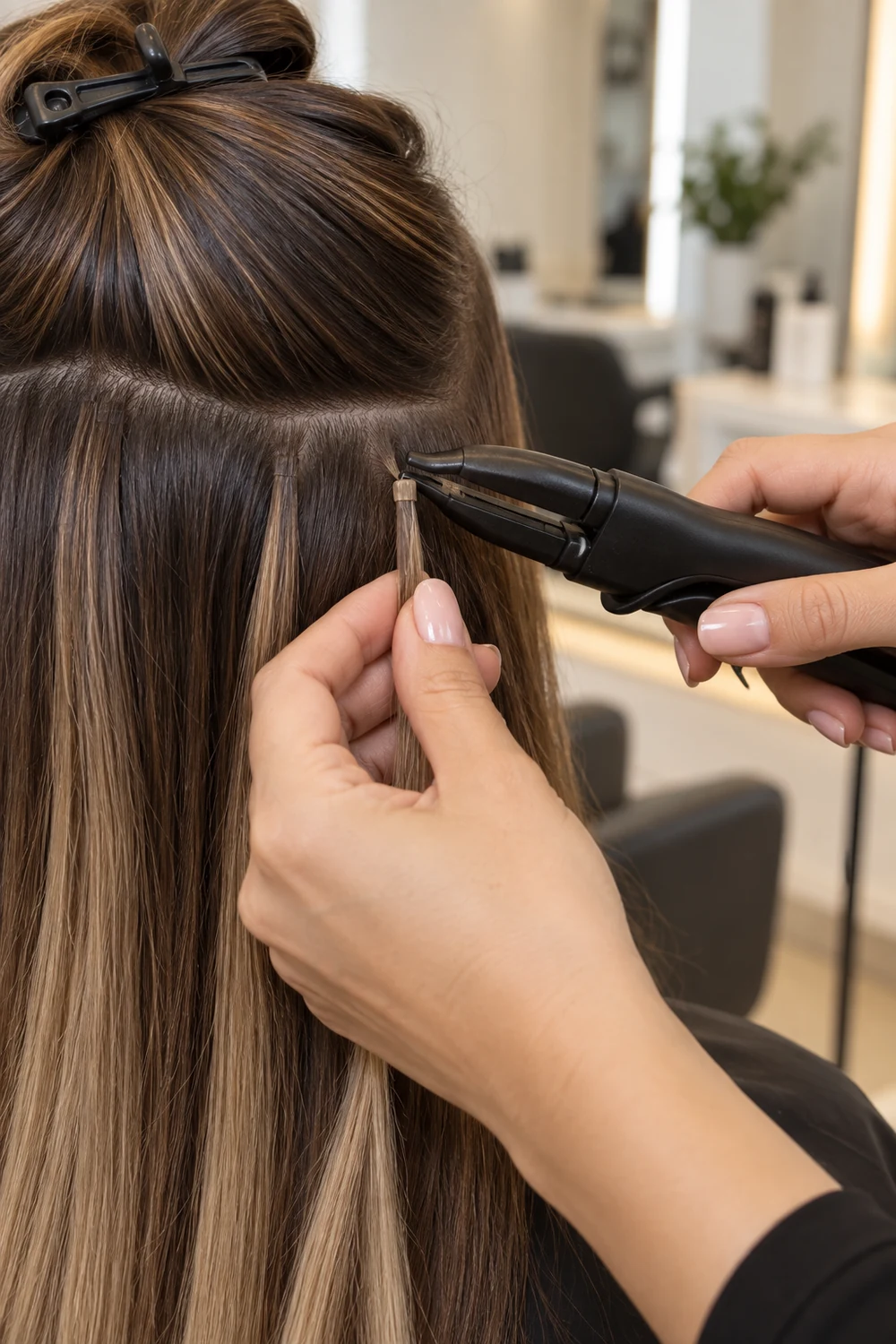 Professional stylist applying a lightweight keratin bond to a small section of natural hair