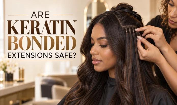 Stylist checking keratin bonded hair extensions on healthy natural hair