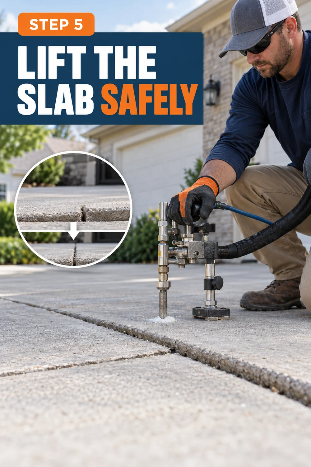 How to Fix a Sinking Driveway Before Cracks and Drainage Damage Spread 5 Professional contractor lifting a sunken concrete driveway slab with injection equipment