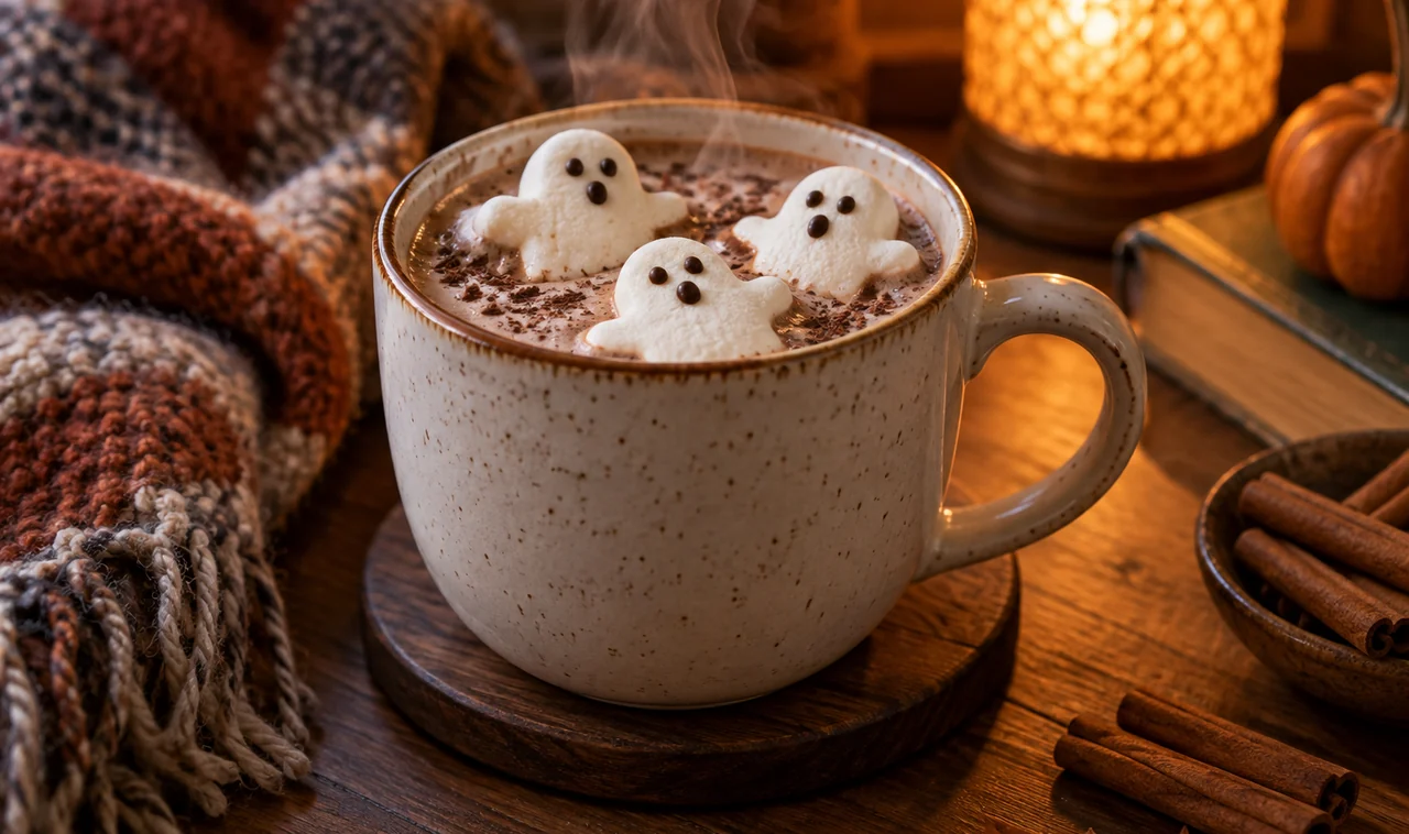 Hot chocolate topped with marshmallow ghosts