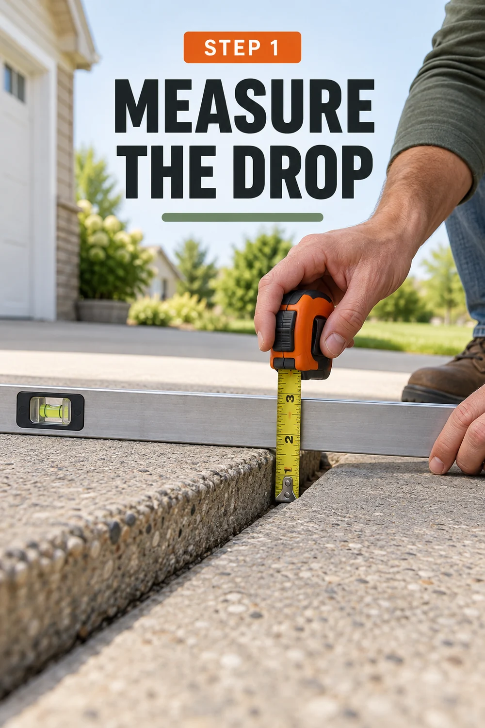 How to Fix a Sinking Driveway Before Cracks and Drainage Damage Spread 1 Homeowner measuring the drop between two uneven concrete driveway slabs