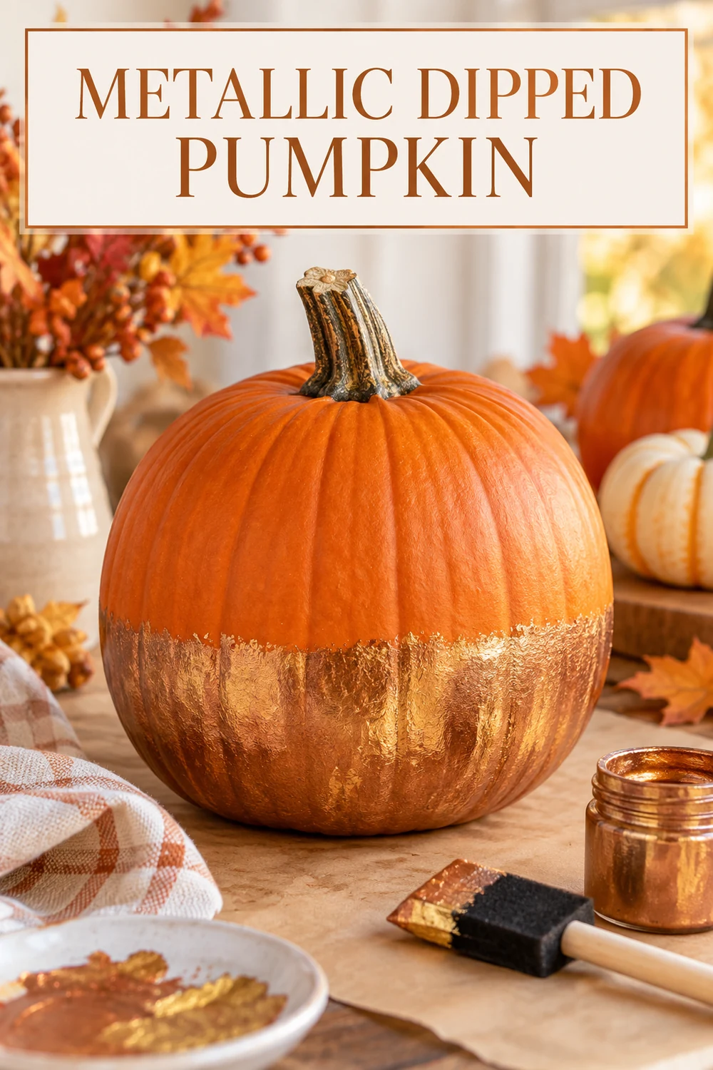15 Halloween Pumpkin Decorating Ideas Without Carving 1 Orange pumpkin with its lower third painted metallic copper for an easy no-carve Halloween decoration