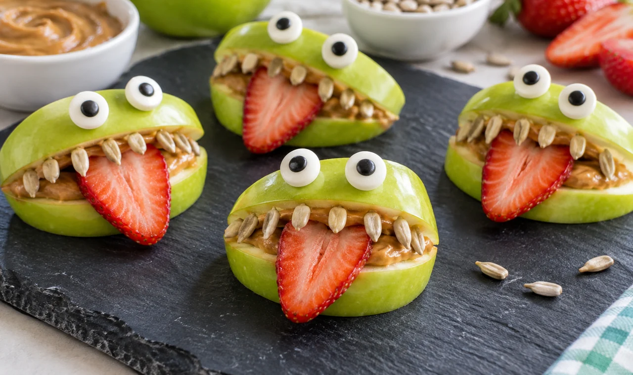 Green apple monster bites with strawberry tongues and candy eyes