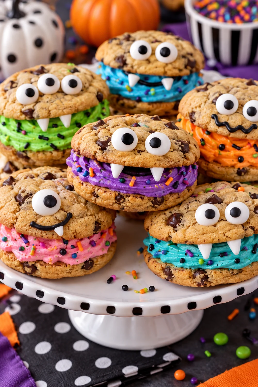 20 Easy Halloween Treats Kids Will Love (No Baking Skills Required) 9 Monster cookie sandwiches decorated with colorful candy eyes