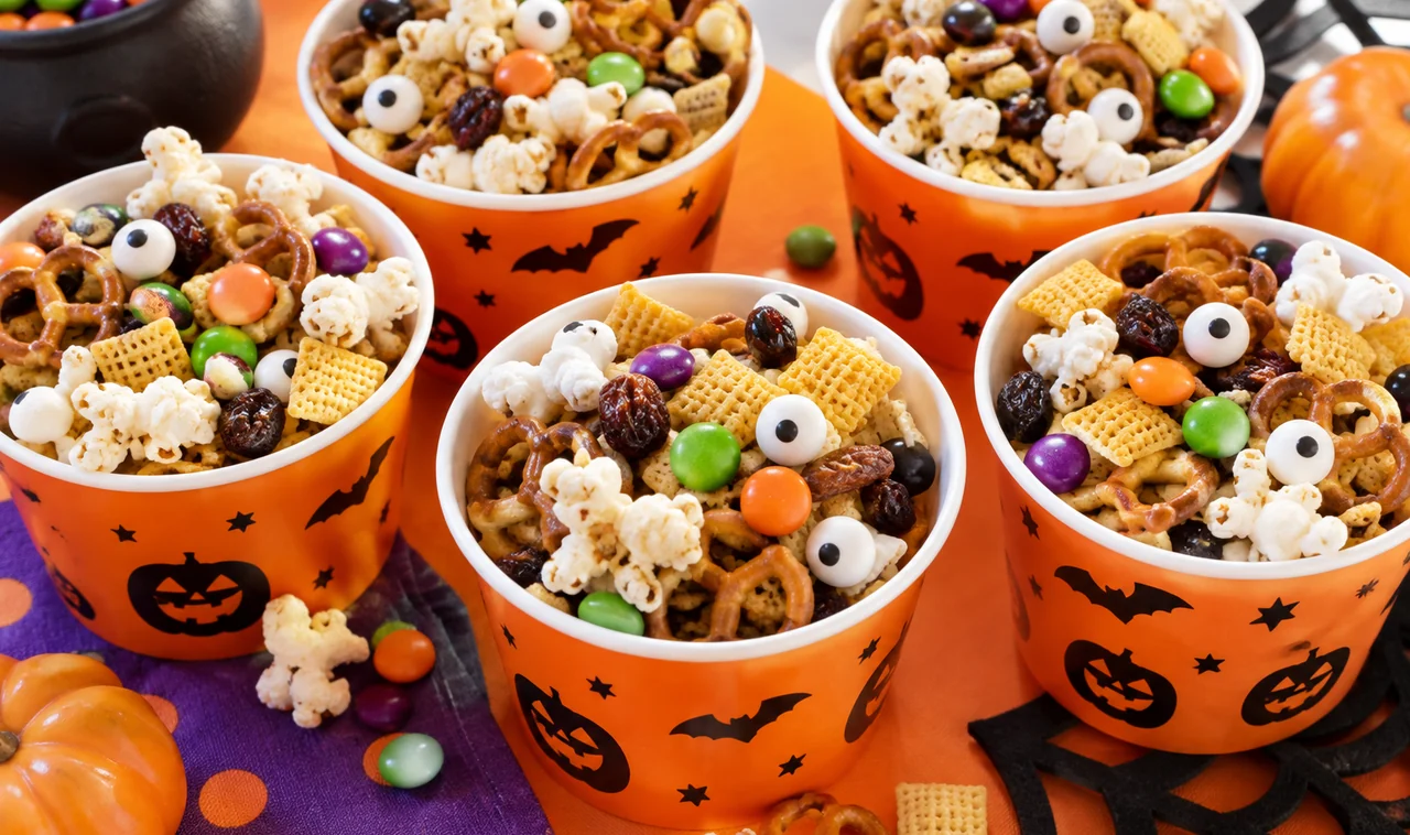 Colorful monster trail mix with cereal pretzels and candy eyes