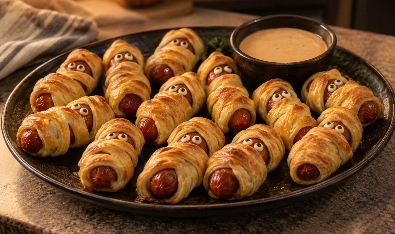 Mummy hot dog bites wrapped in golden pastry