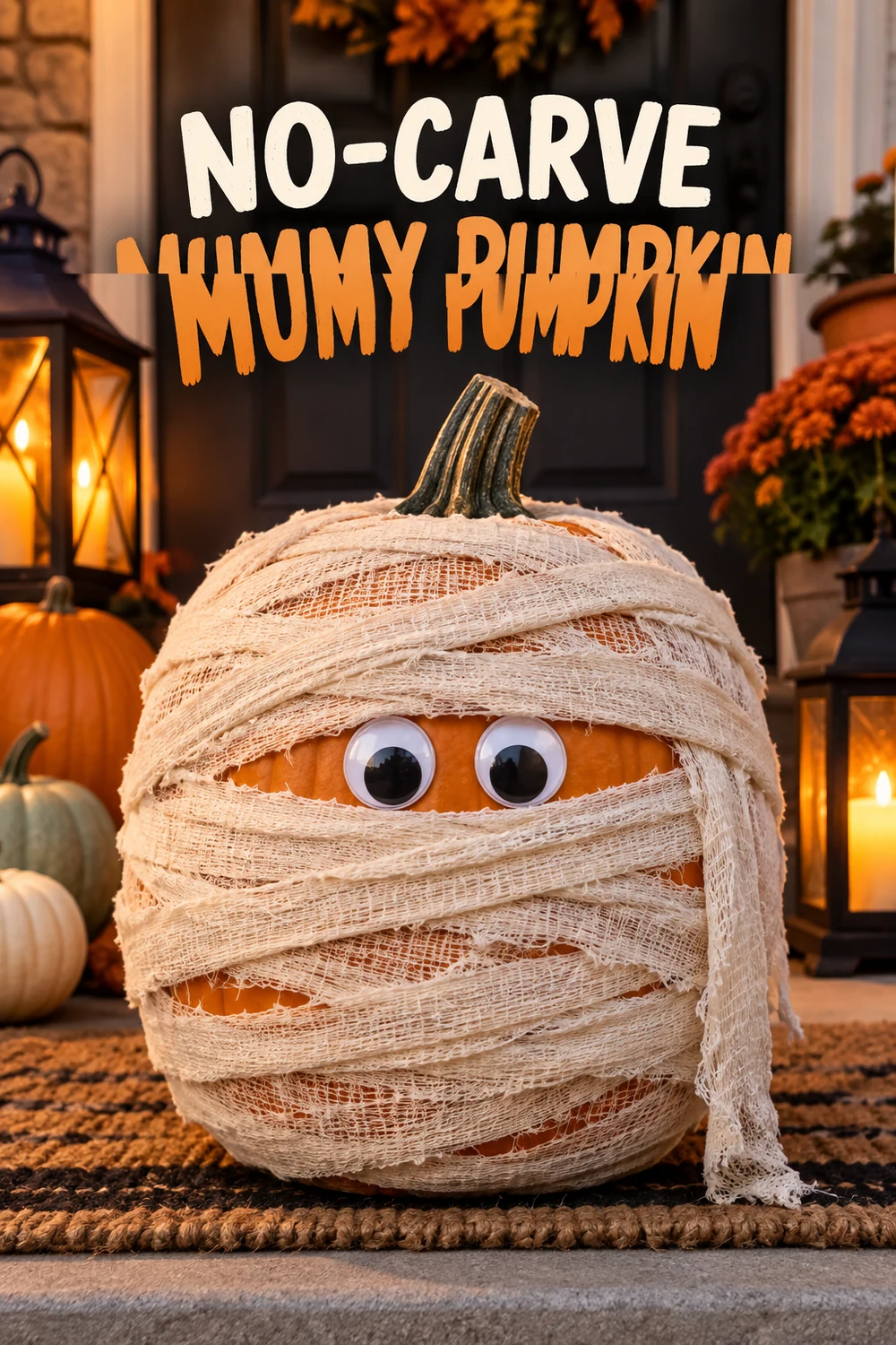 15 Halloween Pumpkin Decorating Ideas Without Carving 7 Orange pumpkin wrapped in cream cheesecloth with friendly googly eyes