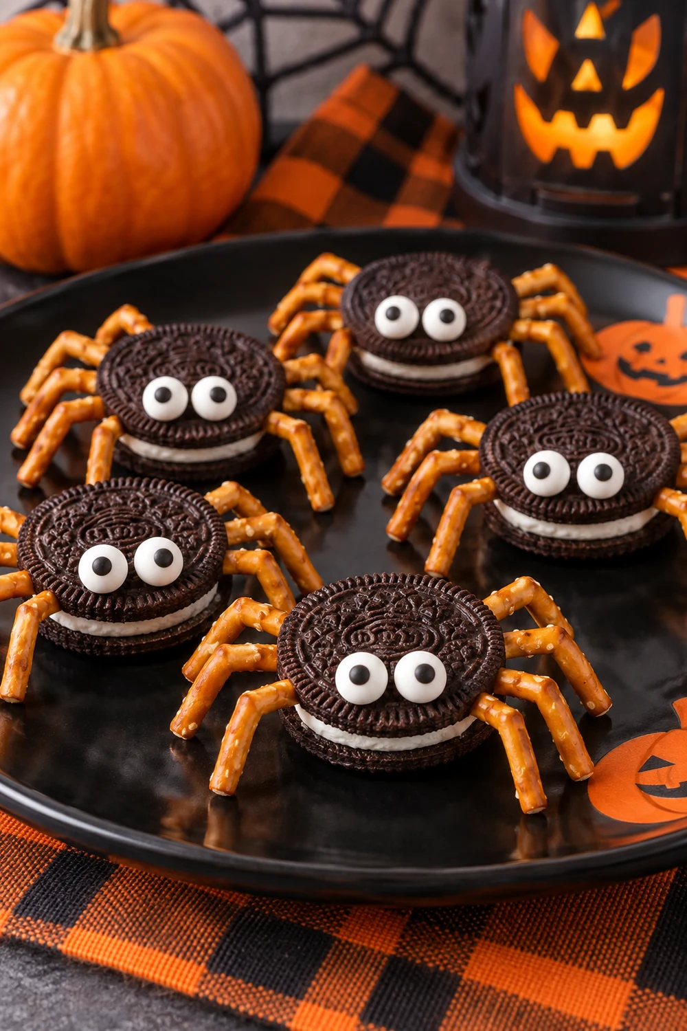 20 Easy Halloween Treats Kids Will Love (No Baking Skills Required) 2 Oreo spider cookies with pretzel legs and candy eyes