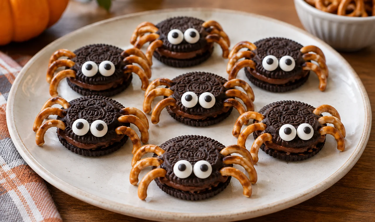Oreo spider cookies with pretzel legs and candy eyes