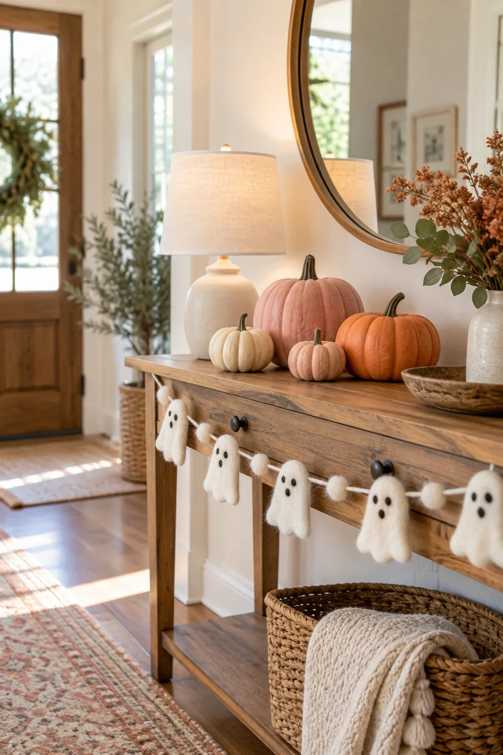 Pastel pumpkins and a felt ghost garland on a wooden entry table