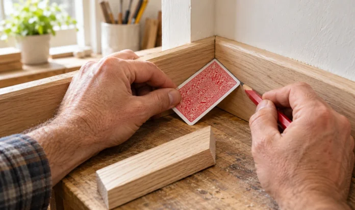 How to Measure Tricky Wood Angles With a Playing Card Playing card used to copy an awkward wood corner angle