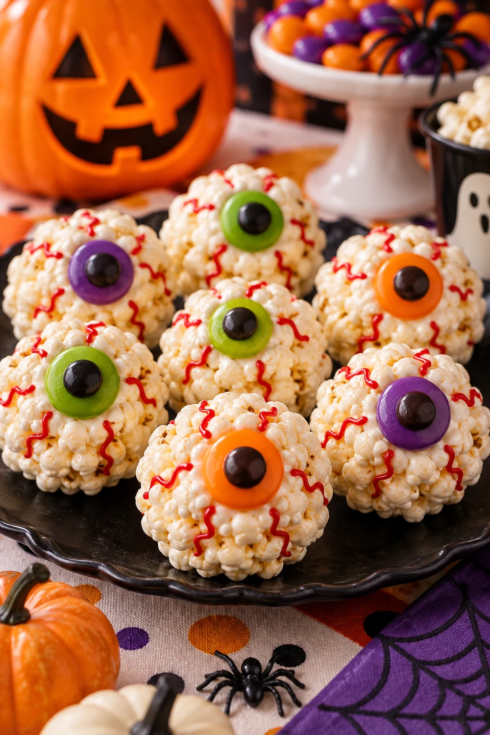 20 Easy Halloween Treats Kids Will Love (No Baking Skills Required) 3 Halloween popcorn ball eyeballs decorated with candy eyes