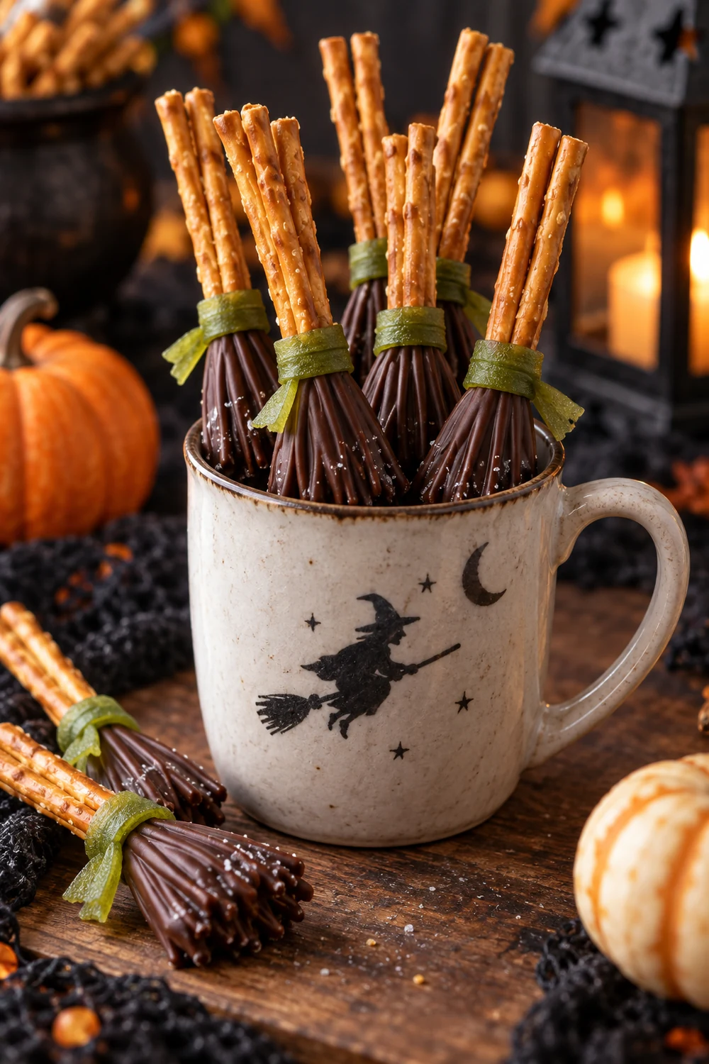 20 Easy Halloween Treats Kids Will Love (No Baking Skills Required) 4 Chocolate-dipped pretzel witch brooms tied with green fruit leather