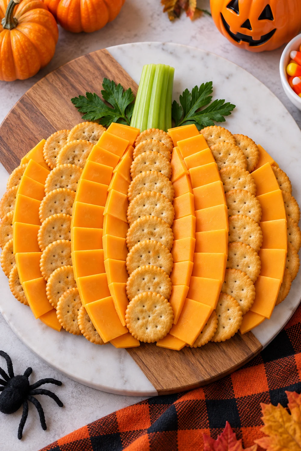 20 Easy Halloween Treats Kids Will Love (No Baking Skills Required) 5 Pumpkin-shaped cheese and cracker snack plate with a celery stem