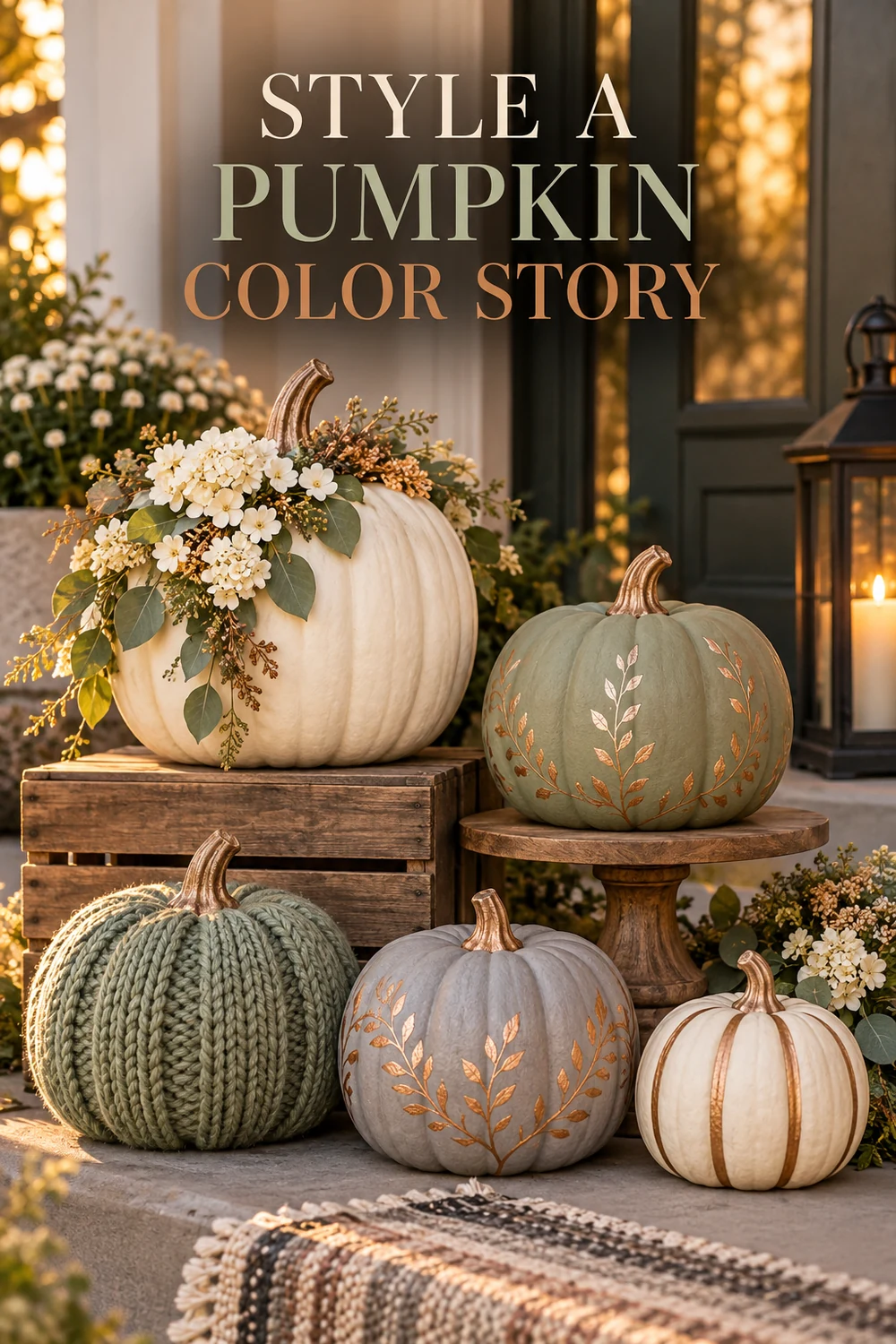 15 Halloween Pumpkin Decorating Ideas Without Carving 8 Five coordinated cream, sage and grey no-carve pumpkins arranged at different heights with copper details