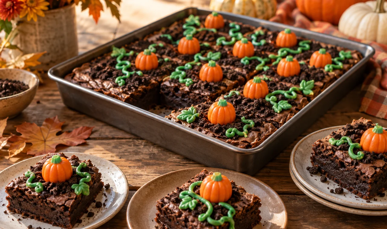 Chocolate brownies decorated as a miniature pumpkin patch