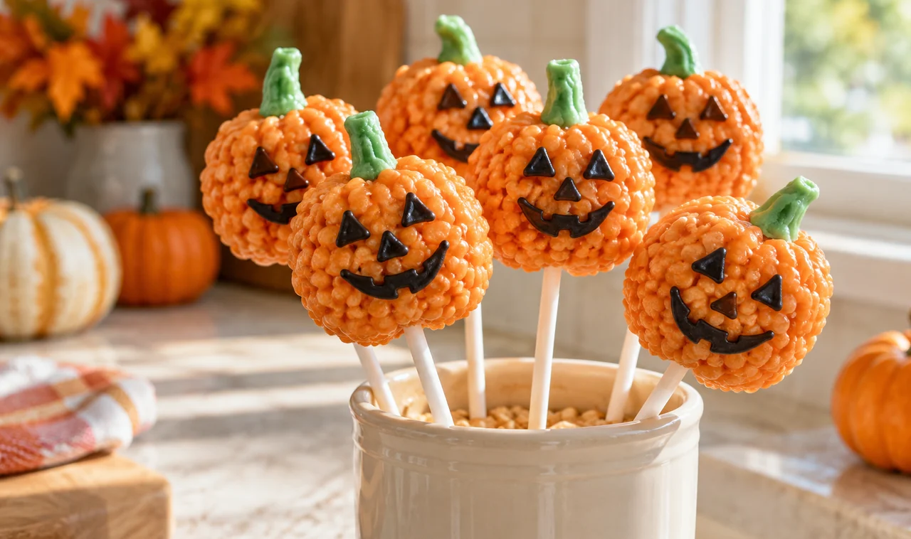 Orange pumpkin rice cereal pops with Halloween faces