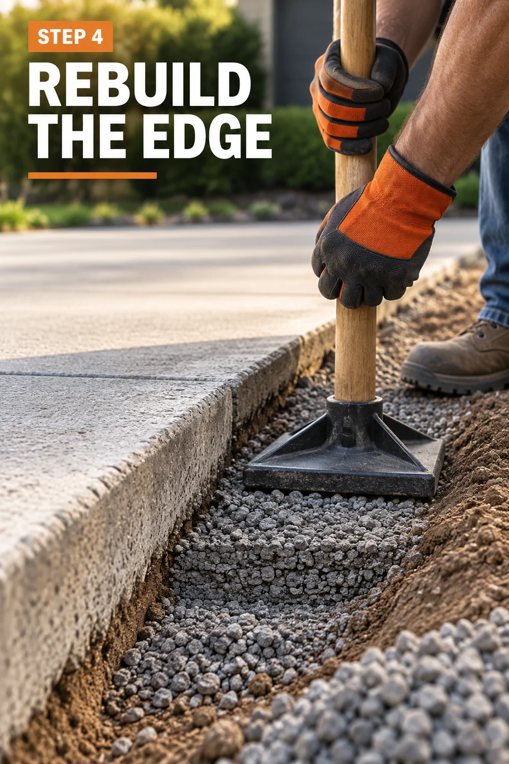 How to Fix a Sinking Driveway Before Cracks and Drainage Damage Spread 4 Homeowner compacting gravel beside a sinking concrete driveway edge