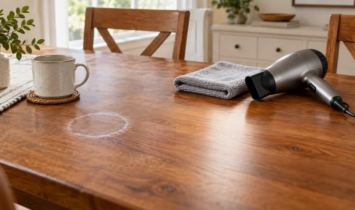 White water ring on a wooden table with a microfiber cloth and hair dryer ready for treatment