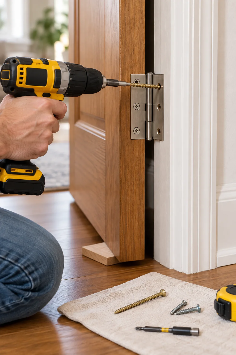 How to Fix a Misaligned Door That Won’t Close Properly 3 Installing a long wood screw in the top hinge of a misaligned door
