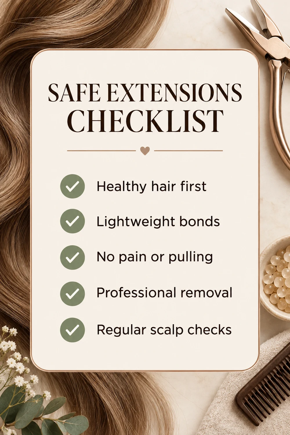 Safe extensions checklist covering healthy hair, lightweight bonds, no pulling, professional removal and scalp checks