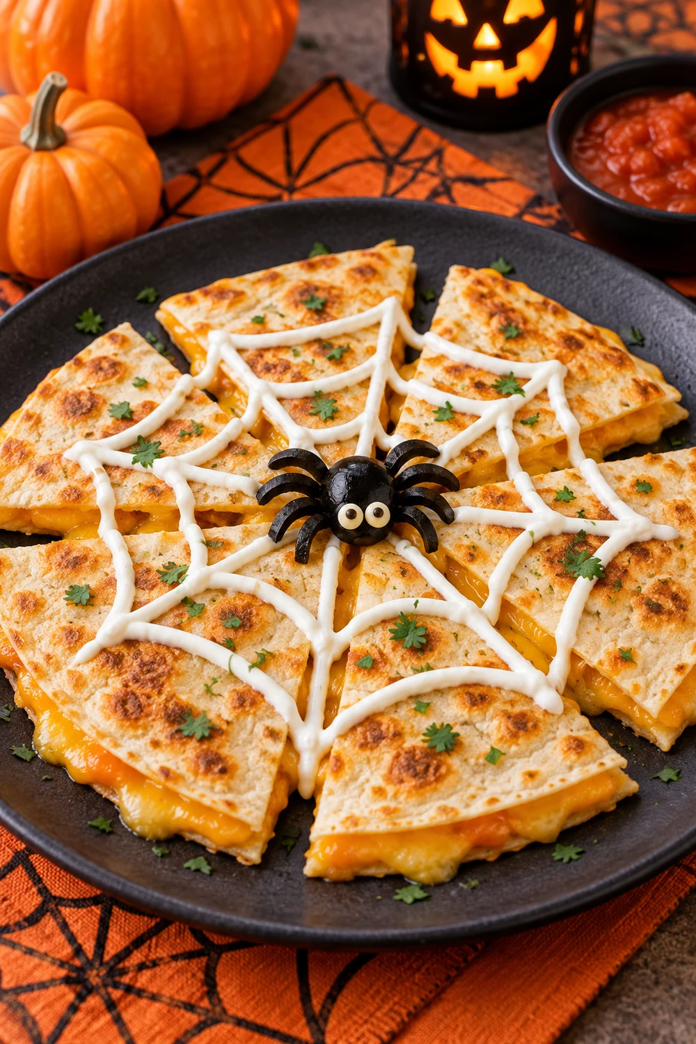 20 Easy Halloween Treats Kids Will Love (No Baking Skills Required) 6 Cheese quesadilla wedges decorated with a sour cream spiderweb