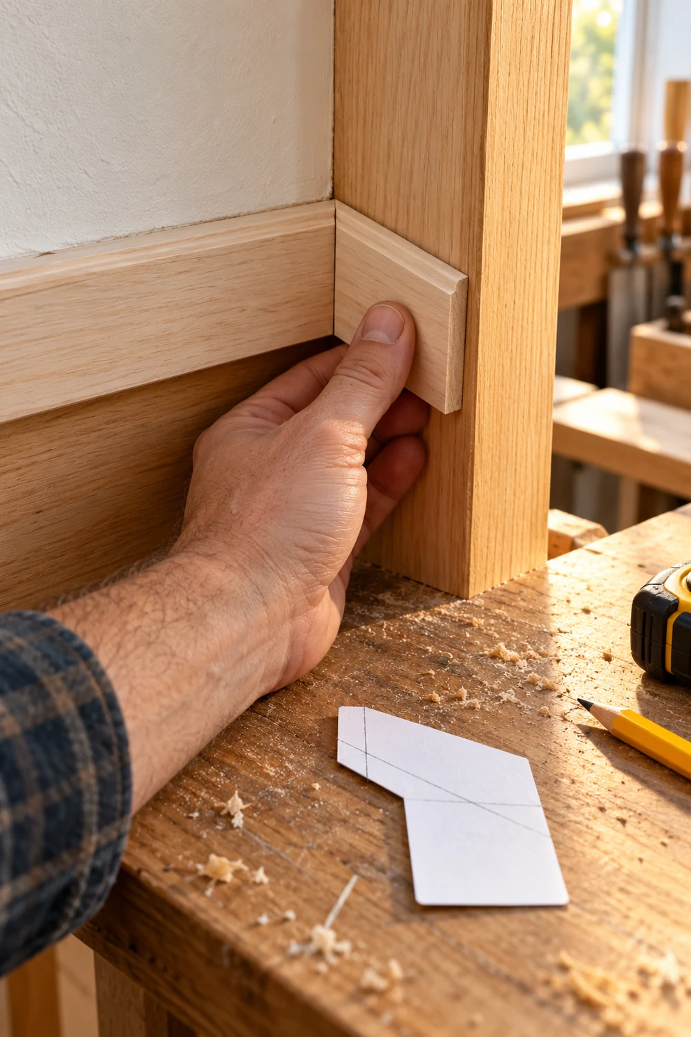 Test the Wood Angle Cut on Scrap Scrap wood test piece checked against an awkward inside corner