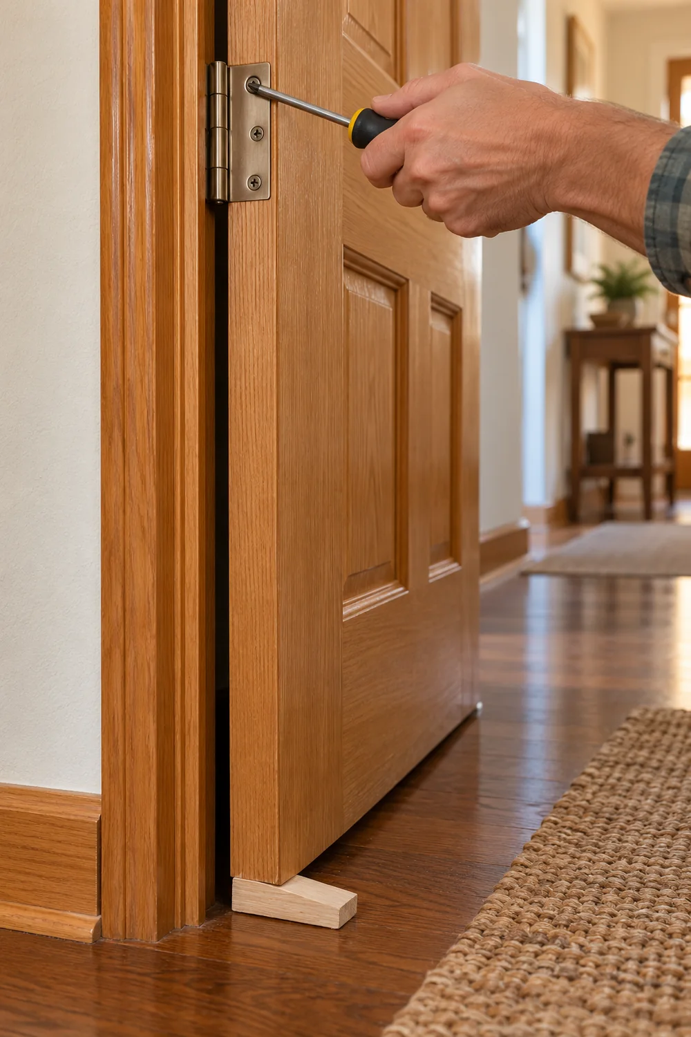 How to Fix a Misaligned Door That Won’t Close Properly 2 Tightening the top hinge screws on a sagging interior door