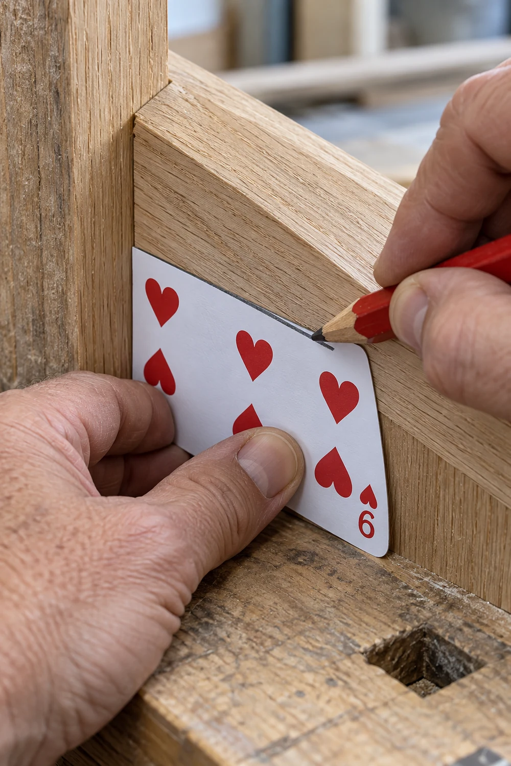 Trace the Wood Angle on the Playing Card Carpenter pencil tracing an awkward wood angle onto a playing card