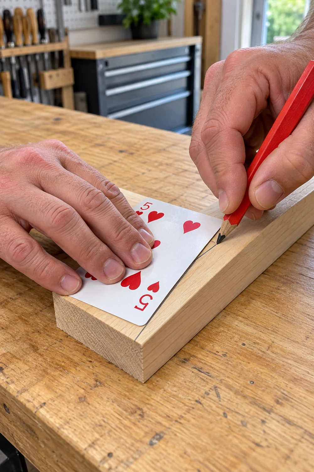 Transfer the Playing Card Angle to Wood Trimmed playing card template transferring an angle line onto scrap wood