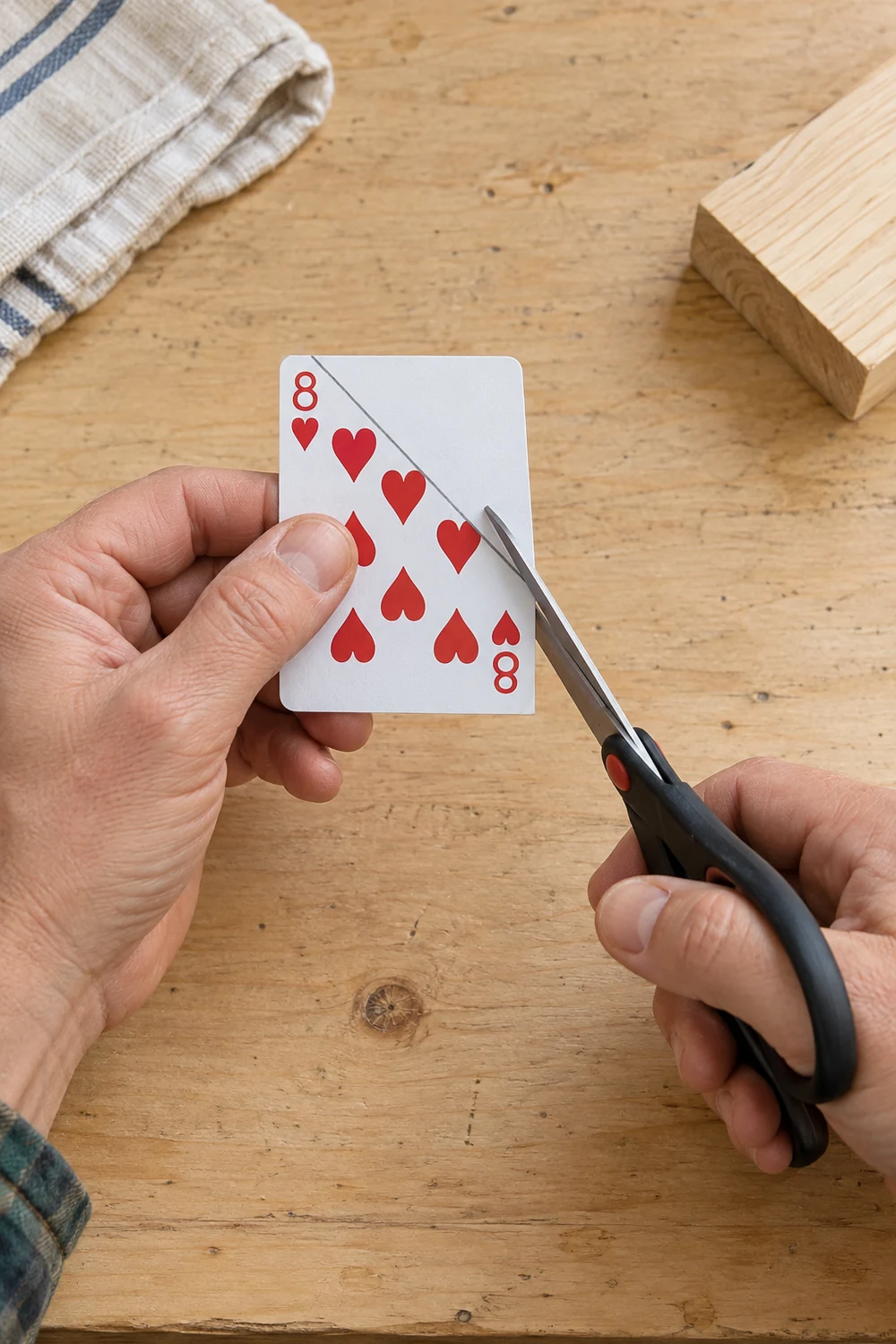 Trim the Playing Card Angle Template Playing card being trimmed along a diagonal pencil line with small scissors