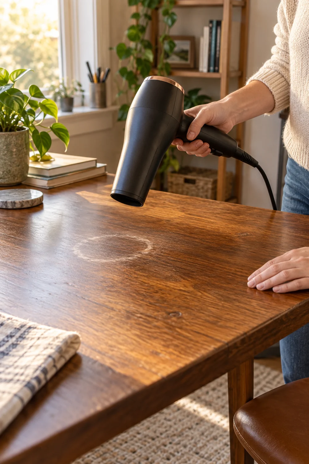 Hair dryer held above a white watermark on a wooden table using low heat