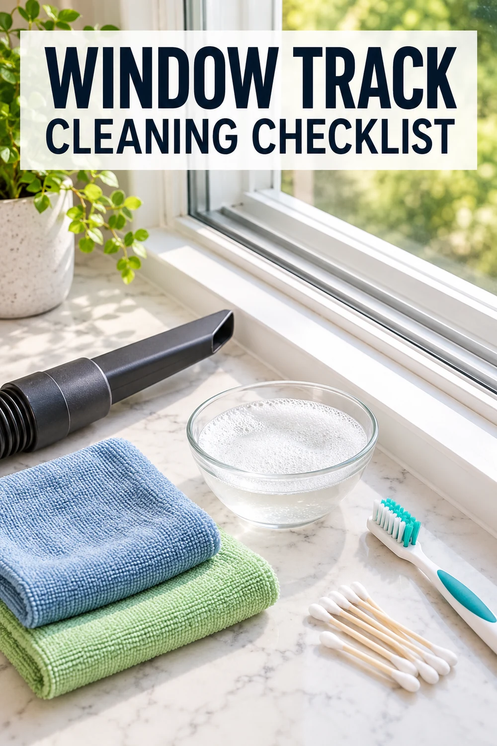 Window Track Cleaning Checklist Window track cleaning supplies including a vacuum, toothbrush, microfiber cloths, cotton swabs and mild soapy water