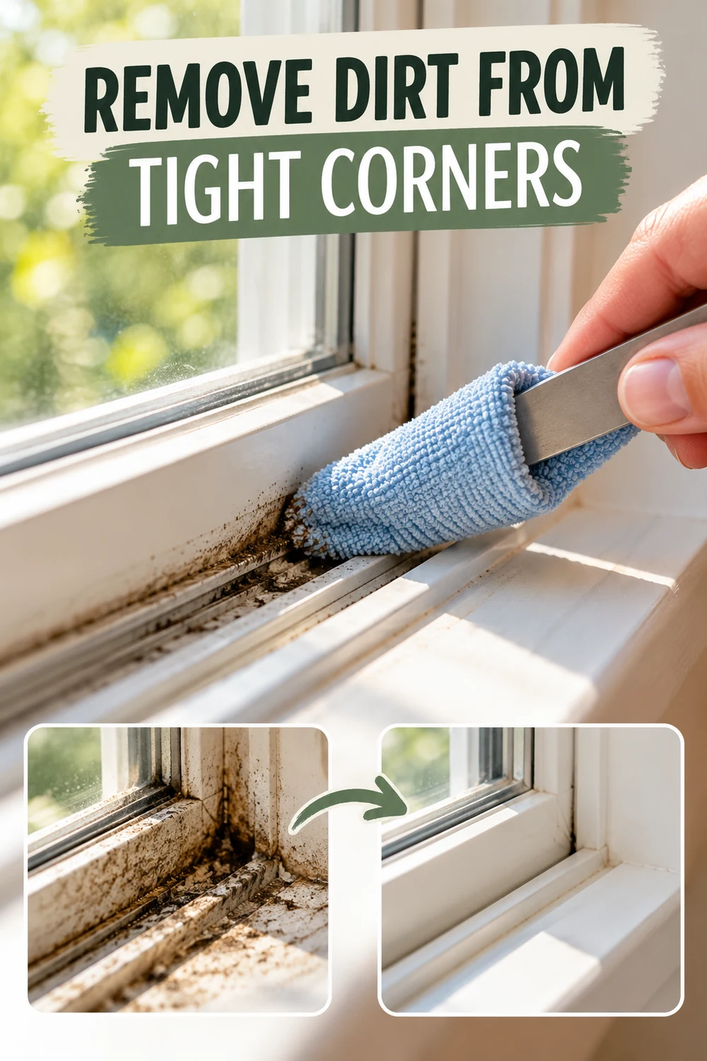 Remove Dirt from Tight Window Track Corners Microfiber cloth wrapped around a dull knife cleaning dirt from window track corners