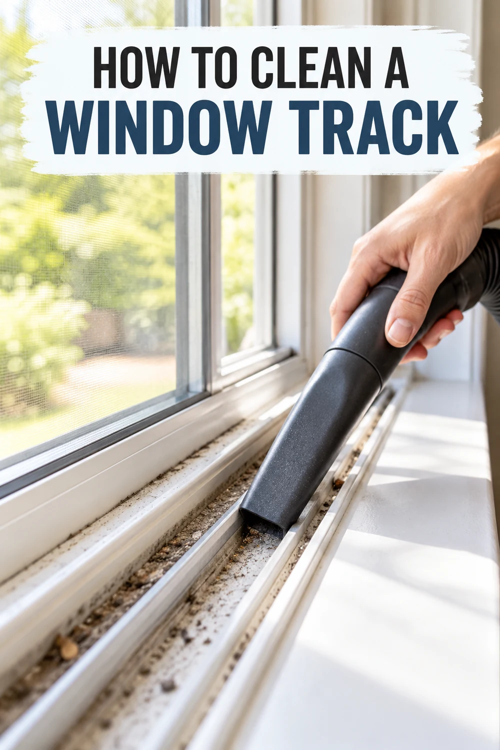 How to Clean a Window Track with a Vacuum Vacuum crevice tool removing loose dirt from a window track