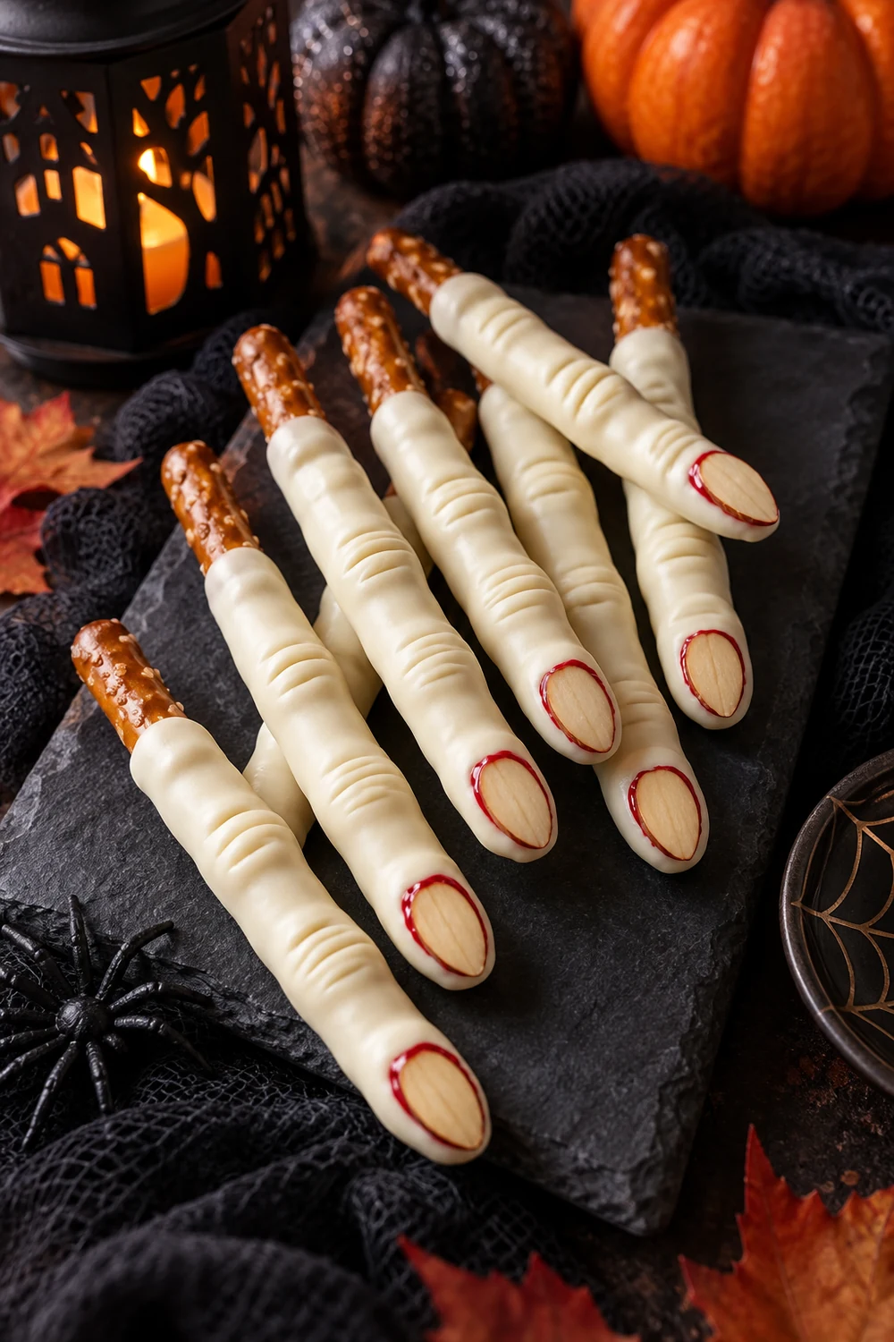 20 Easy Halloween Treats Kids Will Love (No Baking Skills Required) 7 Witch finger pretzel rods with almond nails for Halloween