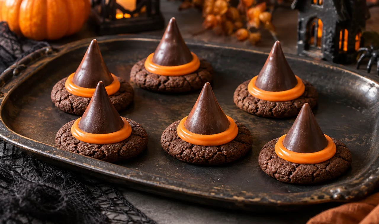 Chocolate witch hat cookies with orange frosting bands