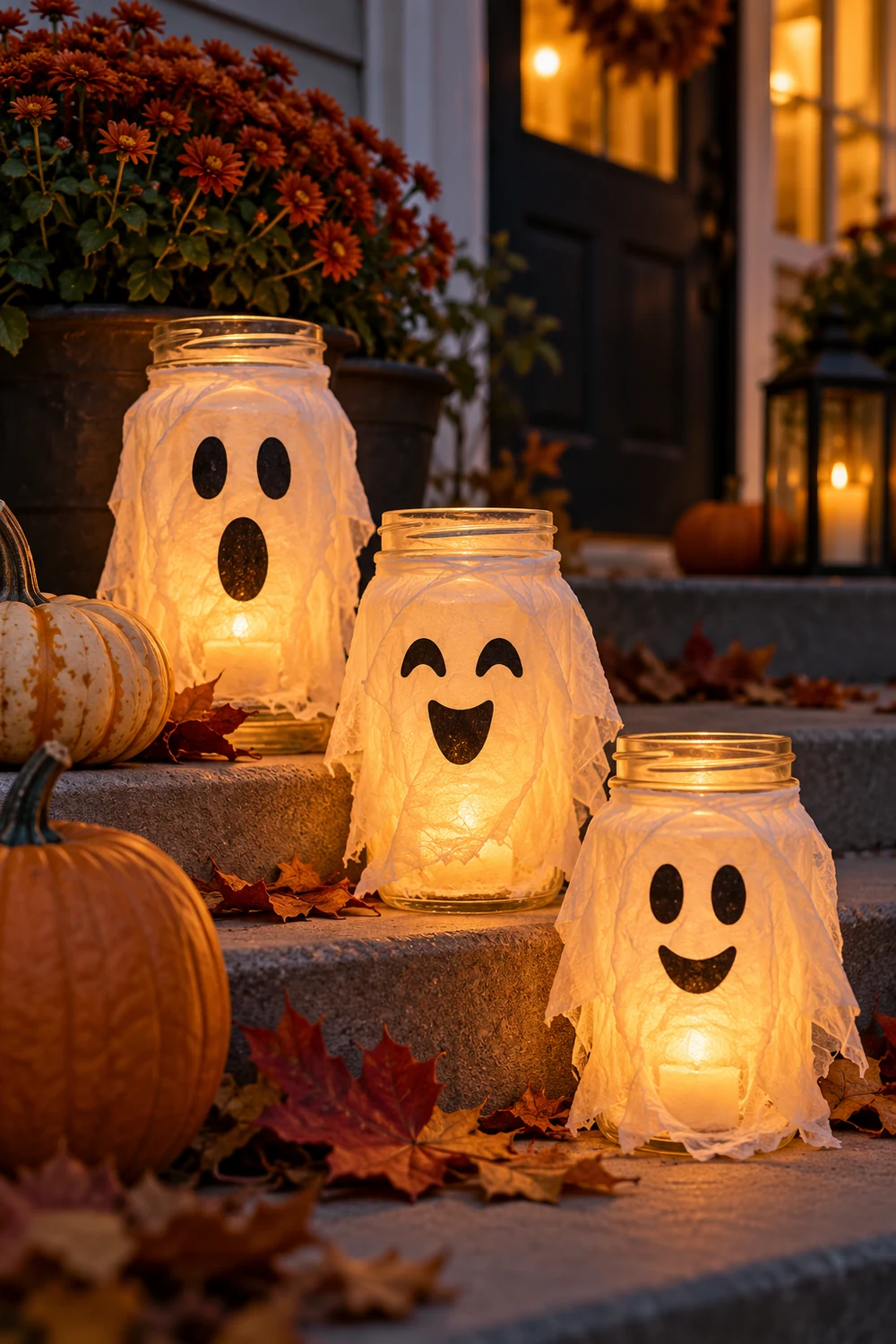 DIY Ghost Mason Jar Lanterns DIY ghost mason jar lanterns glowing on Halloween porch steps