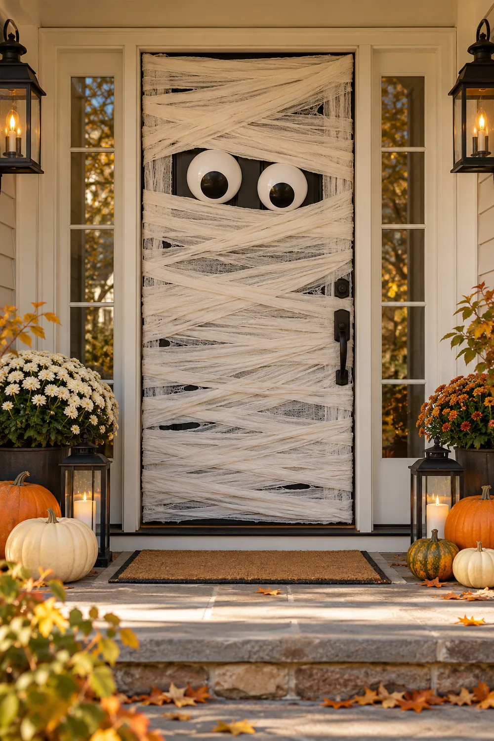 Mummy Gauze Halloween Door Front door wrapped in gauze as a friendly Halloween mummy