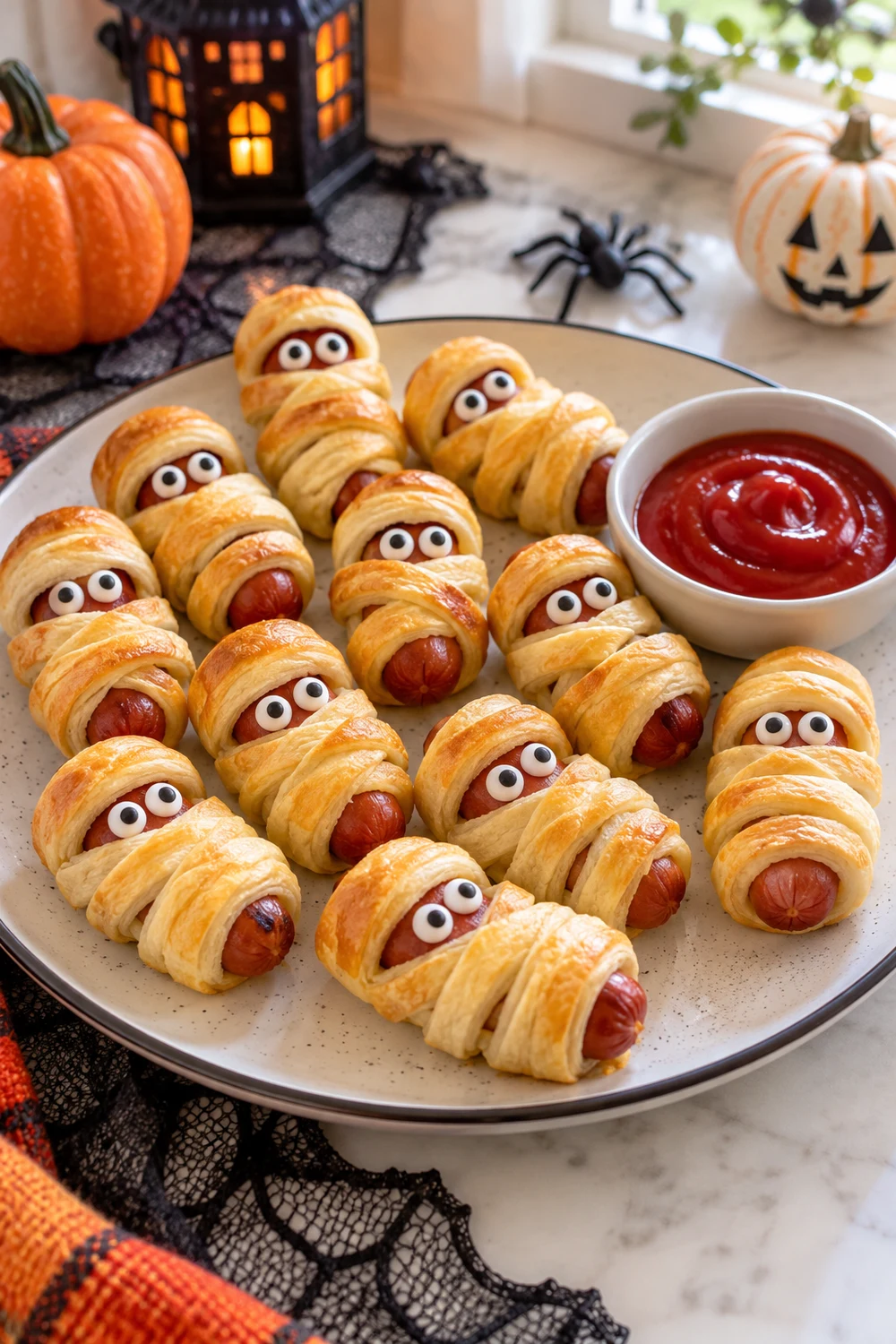 1. Wrap Mini Hot Dogs in Crescent Dough for Mummy Bites Halloween mummy hot dog bites wrapped in crescent dough with edible eyes