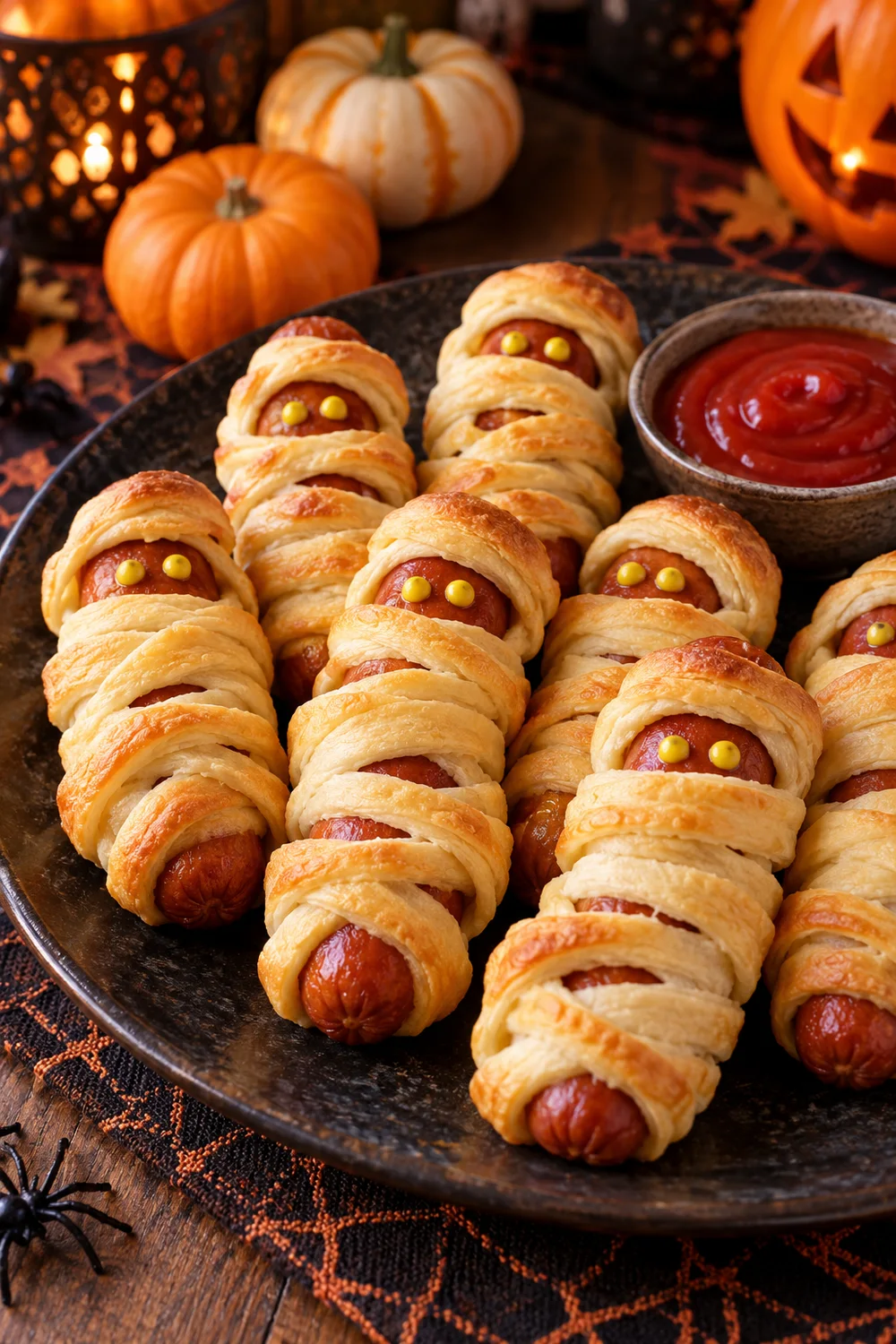 Mummy Hot Dogs for Halloween Party Mummy hot dogs wrapped in crescent dough with mustard eyes for a Halloween party