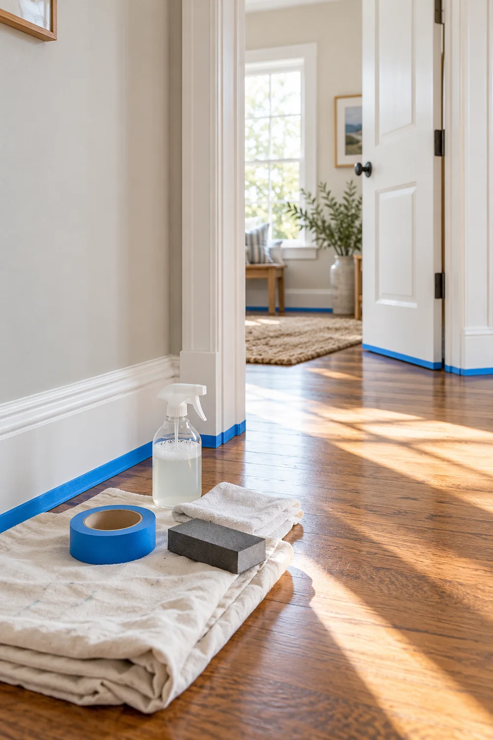 White trim prepared for painting with tape, drop cloth, cleaner, and sanding sponge